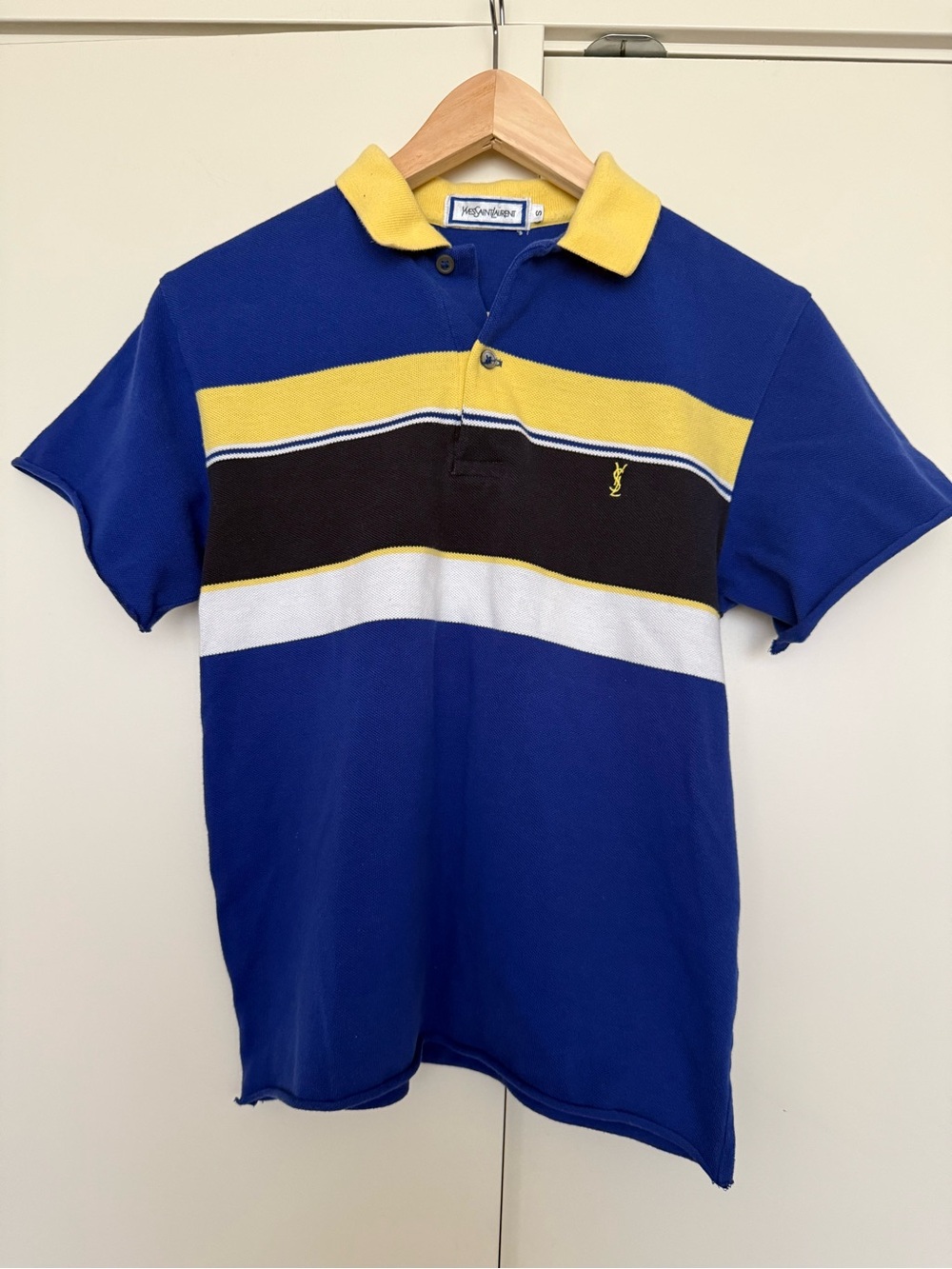 Vintage YSL Saint Laurent Polo Striped  Baby Tee Crop Cobalt Blue Yellow M